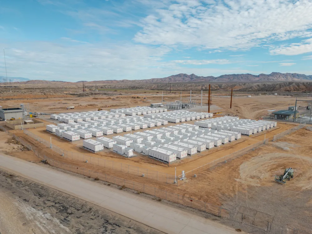 An illustrative battery installation with rows of containerised energy storage units