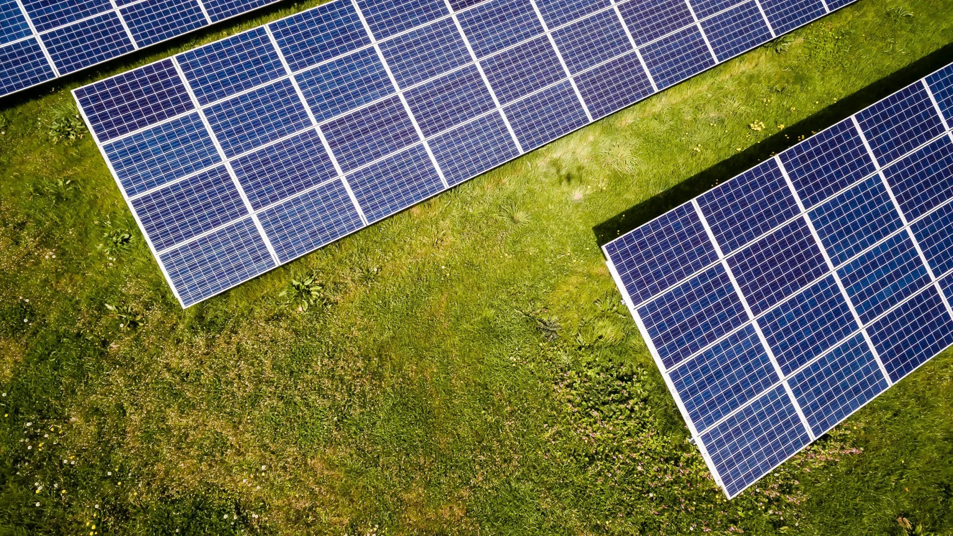An aerial view of photovoltaic panel arrays with green land between them
